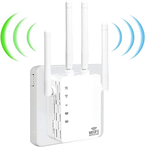 WiFi Extender,WiFi Booster 1200Mbps WiFi 2.4&5GHz Dual Band(9500sq.ft) WiFi Signal Strong Penetrability 35 Devices 4 Modes 1-Tap Setup，4 Antennas 360° Full Coverage, Supports Ethernet Port