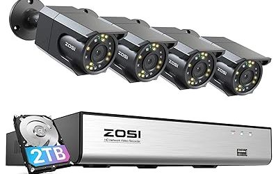 ZOSI 4K Security PoE Camera System with Audio, 8CH H.265+ NVR with 2TB HDD for 24/7 Recording, 4 x 8MP PoE IP Cameras Outdoor Indoor, Starlight Color Night Vision, Human Detection, Smart Light Alarm