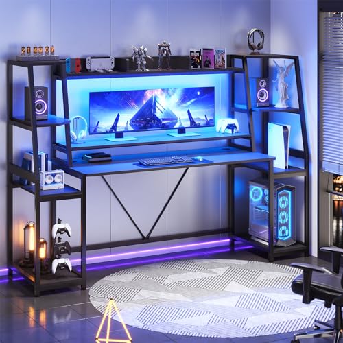 SEDETA Gaming Desk 78.8” with LED Lights, Hutch and Storage Shelves, Computer Desk with Monitor Stand, Large PC Gamer Desk Workstation, Ergonomic Gaming Table for Bedroom, Living Room, Black