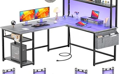 Aheaplus L Shaped Computer/ Gaming Desk with Power Outlet & LED Strip, Storage Shelf & Monitor Stand, Modern 2 Person Home Office Writing Reversible Corner Desk, White Oak