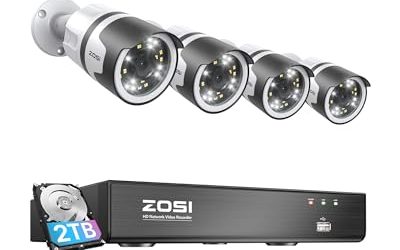ZOSI 8 Channel 5MP 3K PoE NVR Security Camera System, 4 x Wired 5MP(3K) Bullet PoE IP Cameras Outdoor with Spotlights and 2-Way Talk, Human Detection, Sound & Light Alarm, 2TB HDD for 24/7 Recording