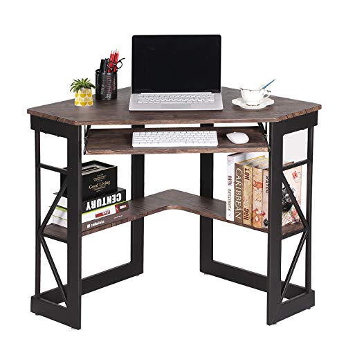 VECELO Corner Computer Desk 41 x 30 inches with Smooth Keyboard & Storage Shelves for Home Office Workstation, Rustic Natural Brown