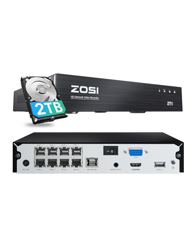 ZOSI 4K 8 Channel PoE Security Camera System with 2TB Hard Drive,8 Ports 16CH 8MP Video NVR Recorder for Home Surveillance System,Work with ZOSI 4K/5MP/3MP/2MP HD IP Cameras,for 24/7 Recording